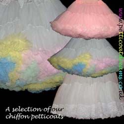 4 chiffon petticoats, a lace trimmed petticoat, and three fluff trimmed petticoats, two with multi colour fluff.