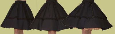 image showing fullness of 20, 40 and 60 yard petticoats under the same skirt.